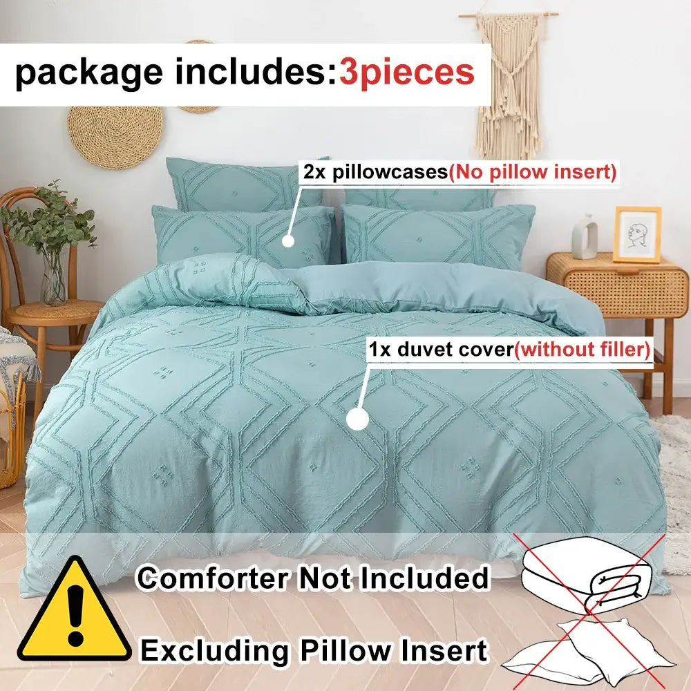 Beige quilted geometric duvet cover set bedroom frayed texture