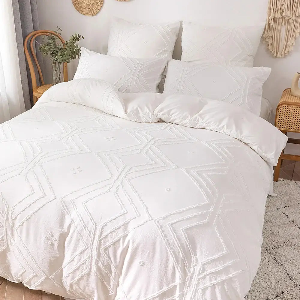 Beige quilted geometric duvet cover set bedroom frayed texture