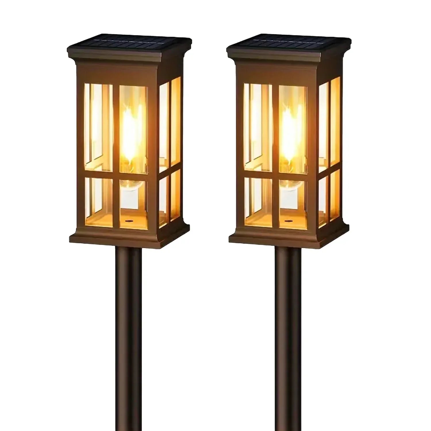 Bronze solar pathway lights warm yellow glass lanterns outdoor garden