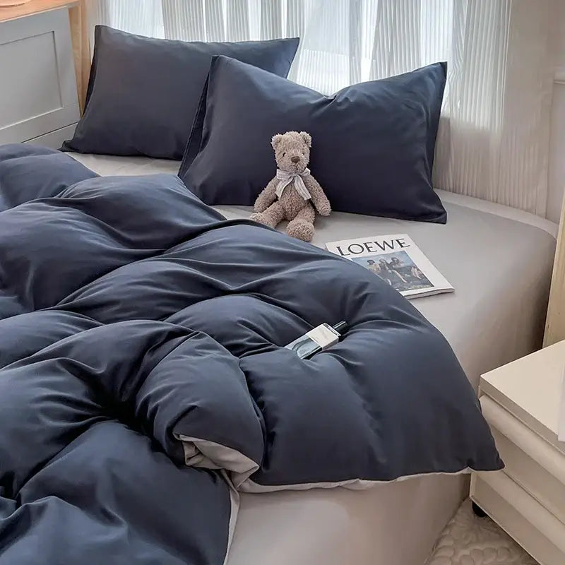 Navy and gray solid color brush fabric duvet cover set bedroom