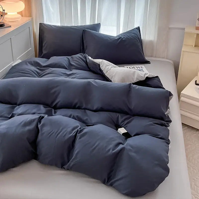 Navy and gray solid color brush fabric duvet cover set bedroom