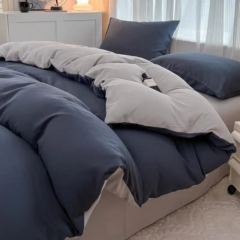 Navy and gray solid color brush fabric duvet cover set bedroom