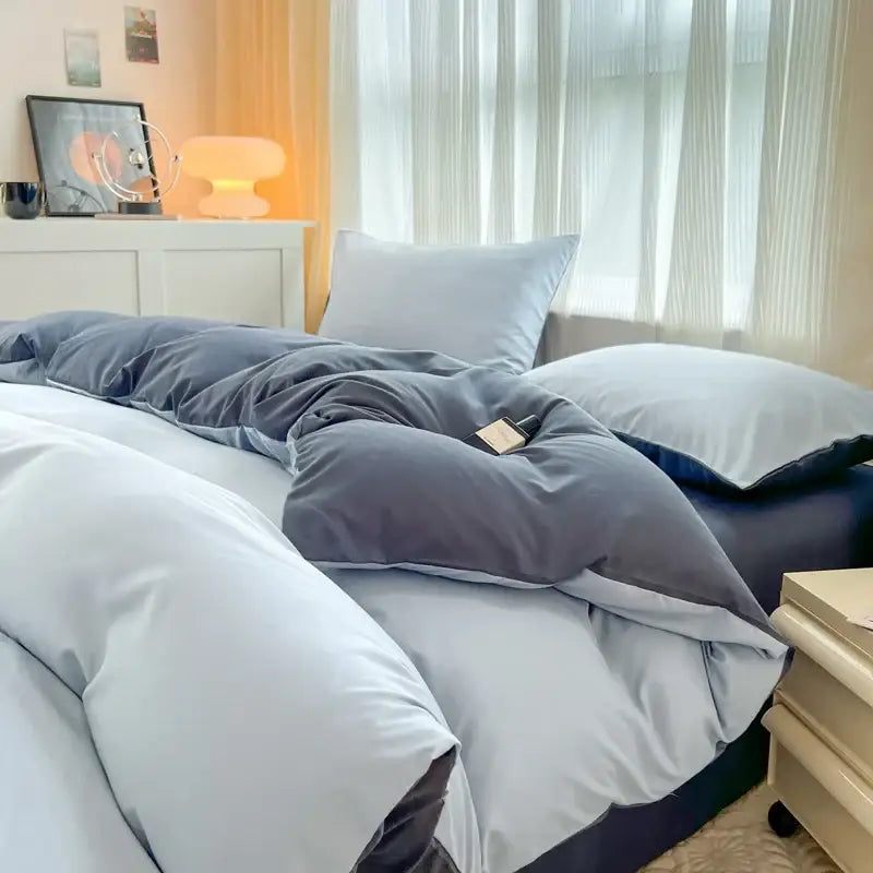 Navy and gray solid color brush fabric duvet cover set bedroom
