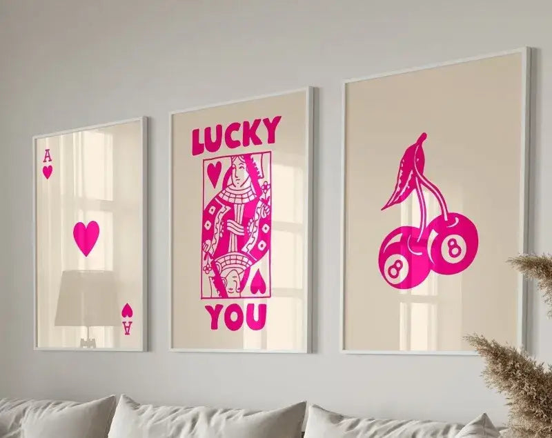 Retro black & pink playing card wall art posters – living room decor