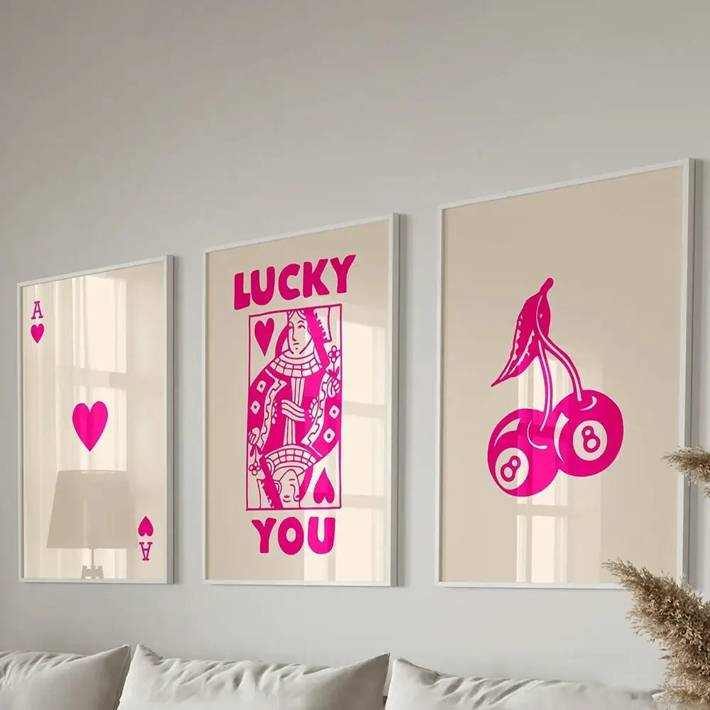 Retro black & pink playing card wall art posters – living room decor