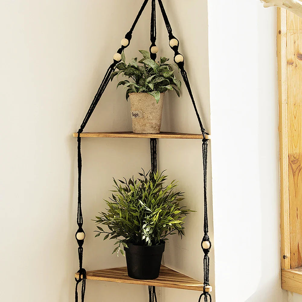 Boho black wooden corner shelf living room macrame wall decor
