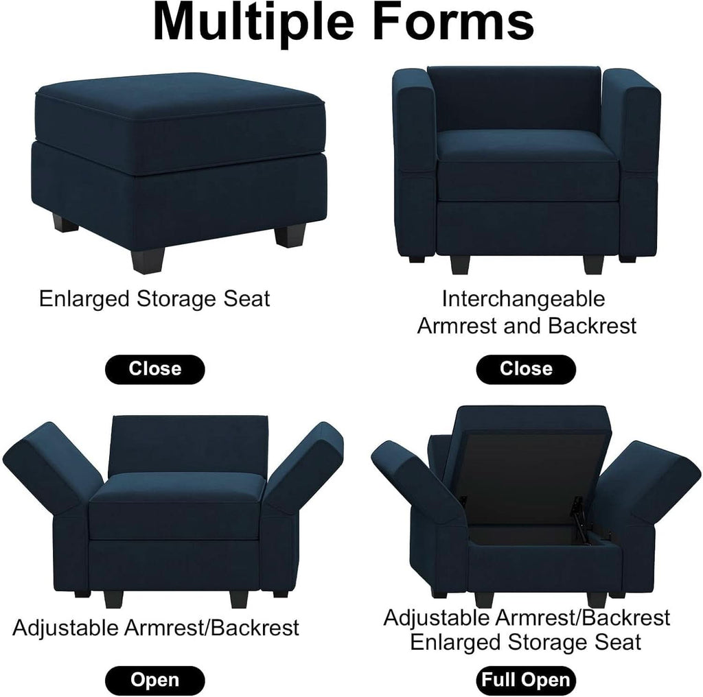 Modular Velvet Sectional Sofa Blue With Storage Ottoman