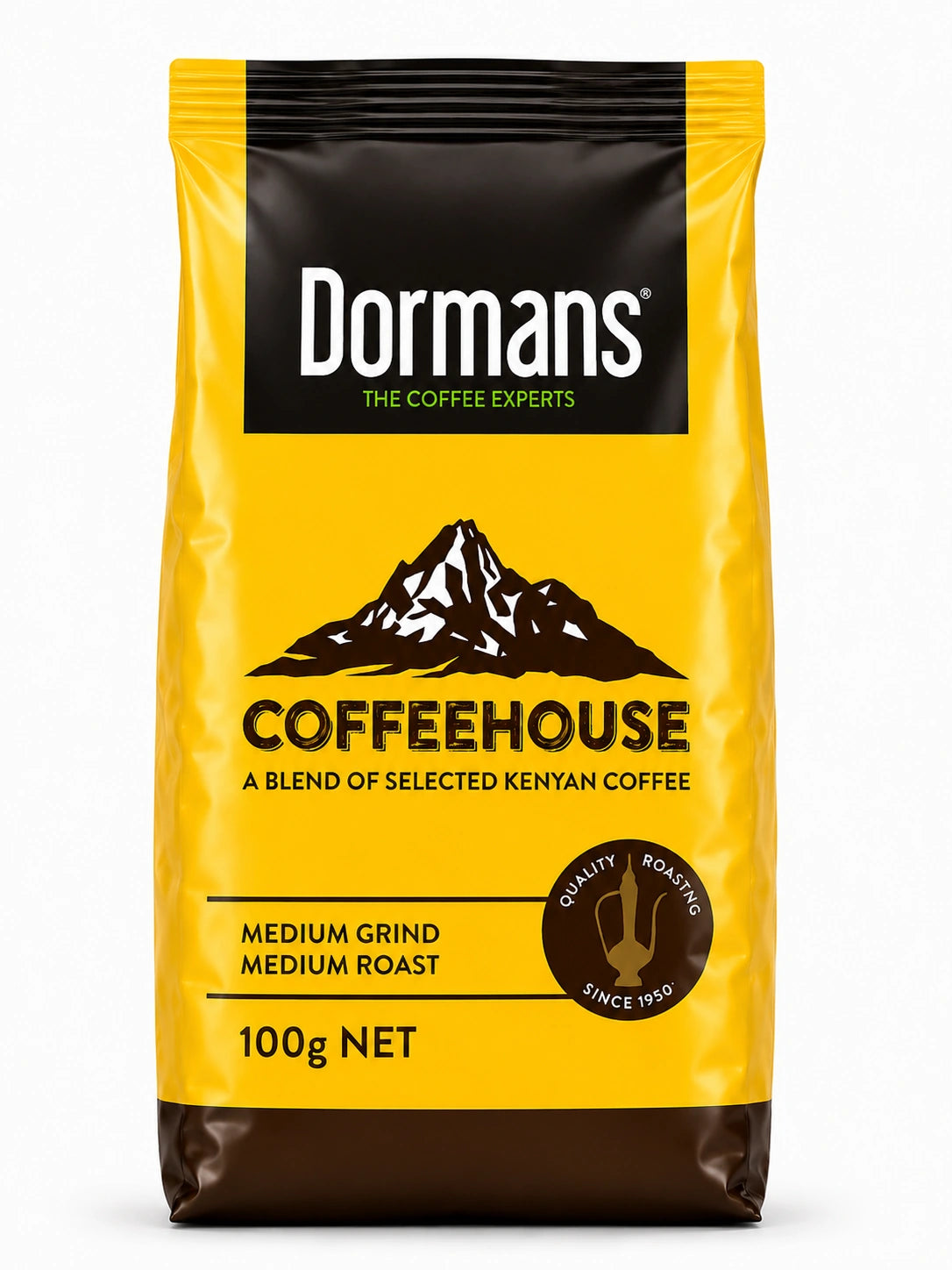 Dormans Coffeehouse Kenyan Coffee 100g medium grind medium roast coffee pouch shown in a clean front-facing view, featuring yellow and dark brown Dormans Coffee Experts packaging, Coffeehouse mountain artwork, A Blend of Selected Kenyan Coffee labeling, medium grind, medium roast, Quality Roasting Since 1950 emblem and clearly visible 100g net weight, presented as a realistic three-dimensional Shopify product image with glossy packaging, crisp edges, natural highlights, dimensional depth and soft studio sha