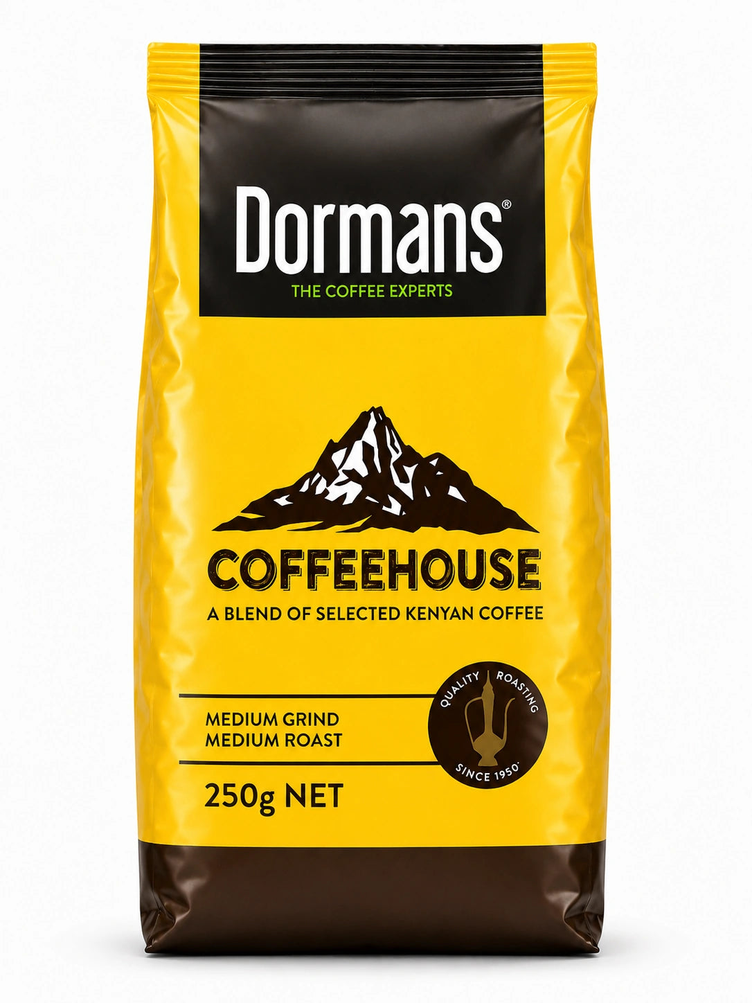 Dormans Coffeehouse Kenyan Coffee 250g medium grind medium roast coffee pouch shown in a clean front-facing view, featuring yellow and dark brown Dormans Coffee Experts packaging, Coffeehouse mountain artwork, A Blend of Selected Kenyan Coffee labeling, medium grind, medium roast, Quality Roasting Since 1950 emblem and clearly visible 250g net weight, presented as a realistic three-dimensional Shopify product image with glossy packaging, crisp edges, natural highlights