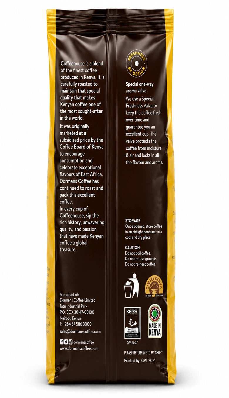 Dormans Coffeehouse Kenyan coffee 500g pouch shown in a clean close-up back view, featuring the dark brown rear packaging with yellow side panels, Coffeehouse Kenyan coffee information, Freshness by Design one-way aroma valve details, storage and caution instructions, Dormans Coffee manufacturer information, Coffee Kenya emblem, KEBS quality mark, Made in Kenya marking and recycling information, presented as a realistic three-dimensional product image with glossy packaging, crisp detail, natural highlights,
