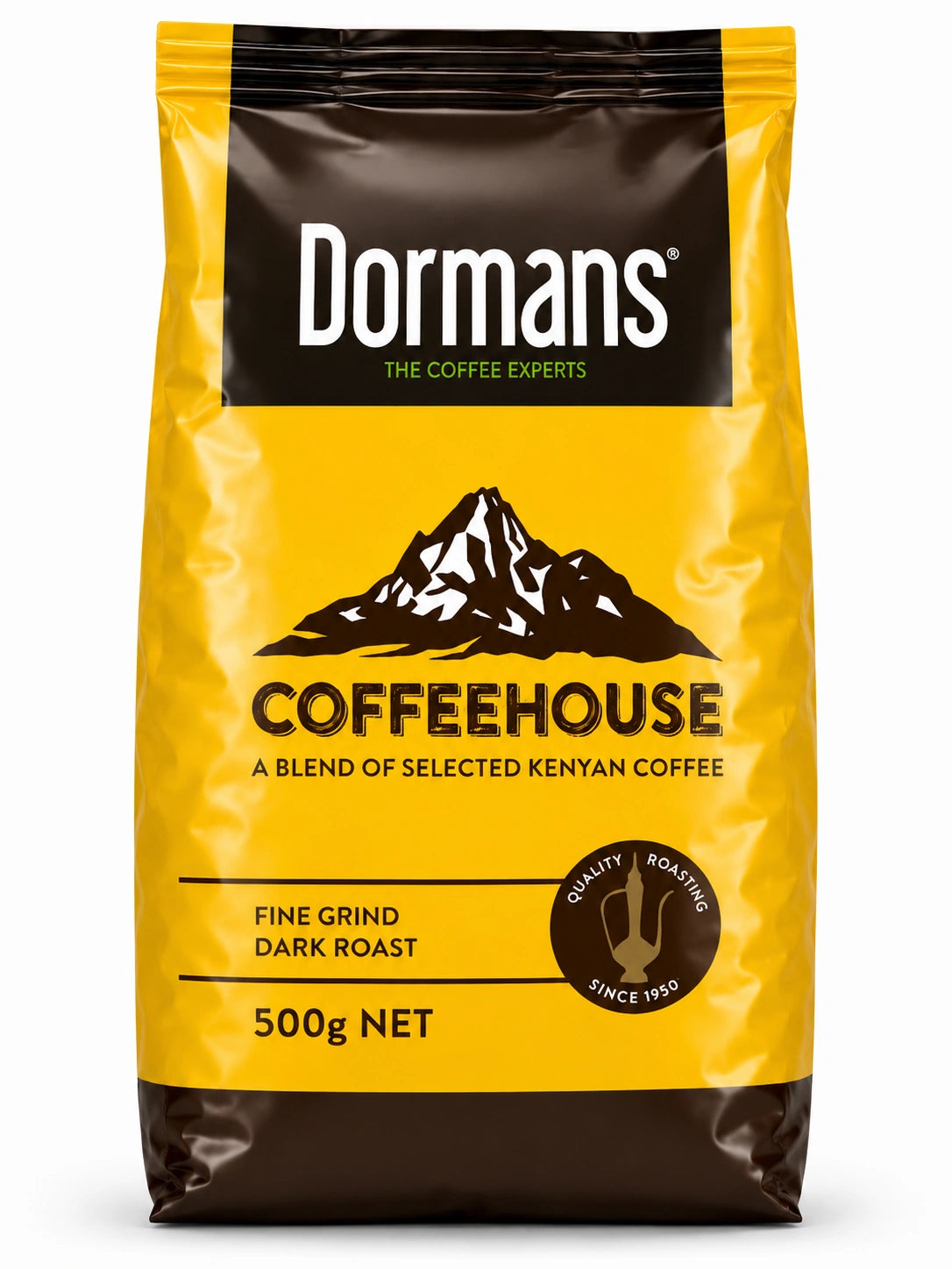 Dormans Coffee House Kenyan Coffee 500g Fine Grind Dark Roast coffee pouch shown in a clean front-facing view, featuring yellow and dark brown Dormans Coffee Experts packaging, Coffeehouse mountain artwork, A Blend of Selected Kenyan Coffee labeling, Fine Grind, Dark Roast, Quality Roasting Since 1950 emblem and clearly visible 500g net weight, presented as a realistic three-dimensional Shopify product image with glossy packaging, crisp edges, natural highlights, dimensional depth and soft studio shadow on 