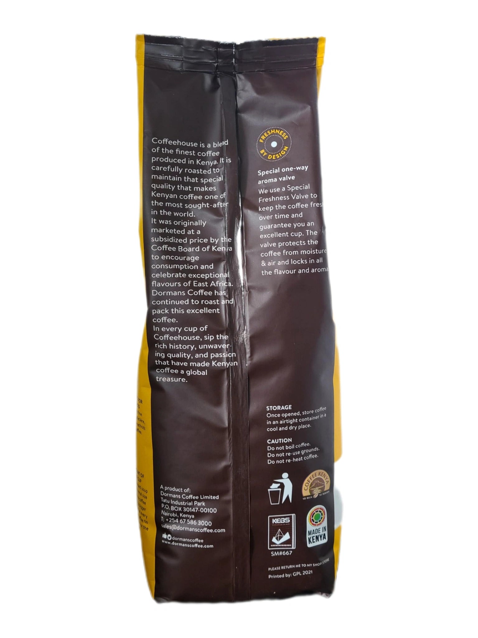 Dormans Coffeehouse Kenyan coffee 500g pouch shown in a close-up front view, featuring the yellow and brown Coffeehouse packaging, Dormans Coffee Experts branding, Coffeehouse mountain artwork, selected Kenyan coffee blend labeling, fine grind, medium roast, quality roasting emblem and 500g net weight, presented as a realistic three-dimensional product image with glossy packaging highlights, natural depth, soft shadow and a clean white Shopify e-commerce background.