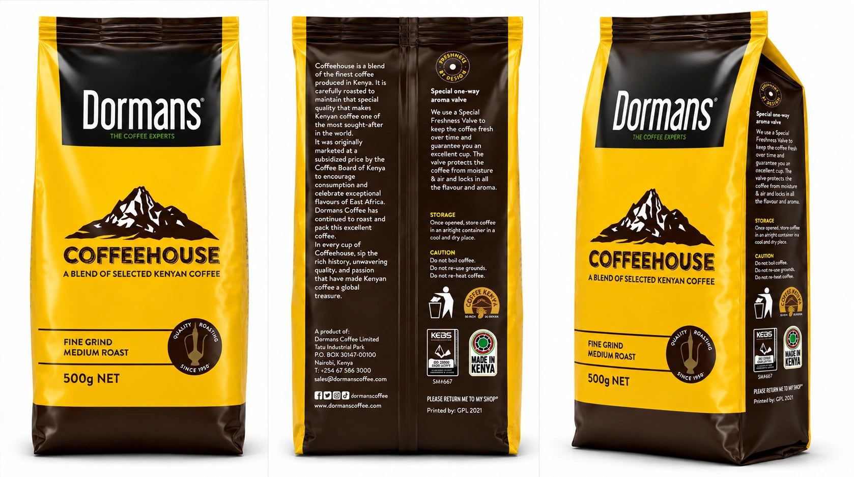 Dormans Coffeehouse Kenyan Coffee packaging range featuring three yellow and brown coffee pouches arranged from smallest to largest, with 100g, 250g and 500g net weights, medium grind and medium roast labeling, Dormans Coffee Experts branding, Coffeehouse mountain artwork and Quality Roasting Since 1950 emblems, presented against a clean white background for World Safari Shops.