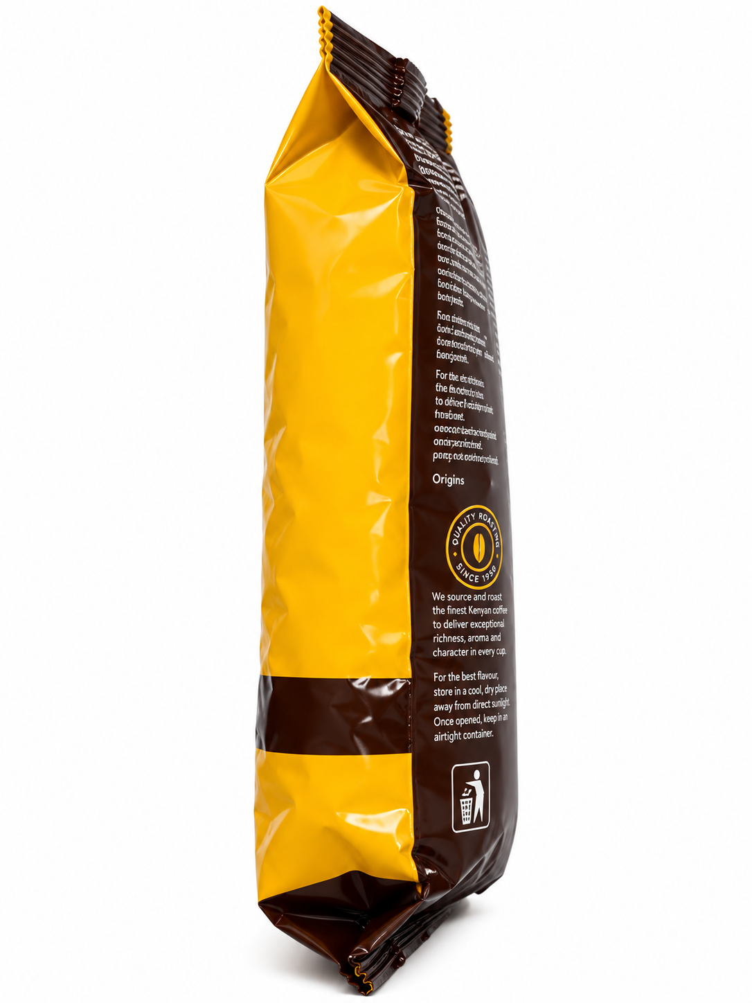 Dormans Coffeehouse Kenyan Coffee 250g fine grind medium roast coffee pouch shown in a clean front-facing view, featuring yellow and dark brown Dormans Coffee Experts packaging, Coffeehouse mountain artwork, A Blend of Selected Kenyan Coffee labeling, fine grind and medium roast details, Quality Roasting Since 1950 emblem and clearly visible 250g net weight, presented with realistic three-dimensional packaging depth, glossy highlights, crisp edges and soft studio shadow on a clean white background for World