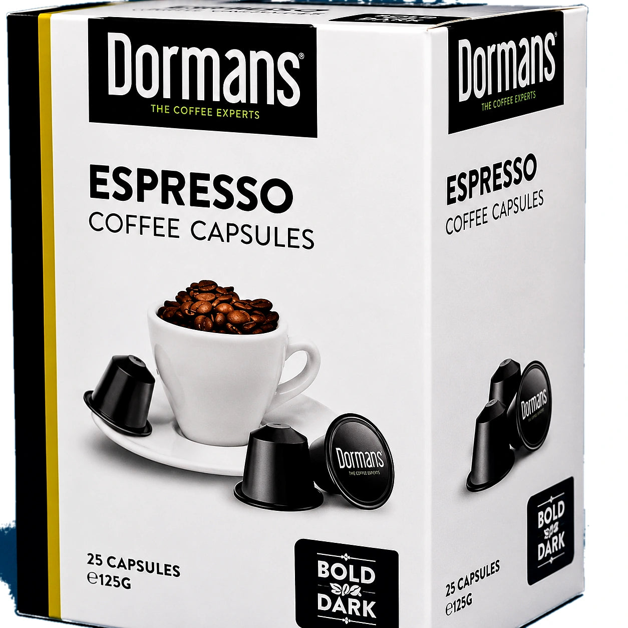 Dormans Espresso Coffee Capsules 25 capsules 125g in white retail packaging with black and gold accents, featuring Dormans Coffee Experts branding, Espresso Coffee Capsules wording, Bold Dark label, black coffee capsules, coffee cup with roasted coffee beans, and visible 25 capsules and 125g details, shown from the original camera angle against a clean white background.