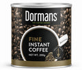Dormans Fine Instant Coffee 200g in a cylindrical metal coffee tin, featuring Dormans The Coffee Experts branding, roasted coffee bean packaging, a white coffee cup design, Fine Instant Coffee label, 200g net weight, quality roasting badge, and gold lower band on a clean white background for World Safari Shops.