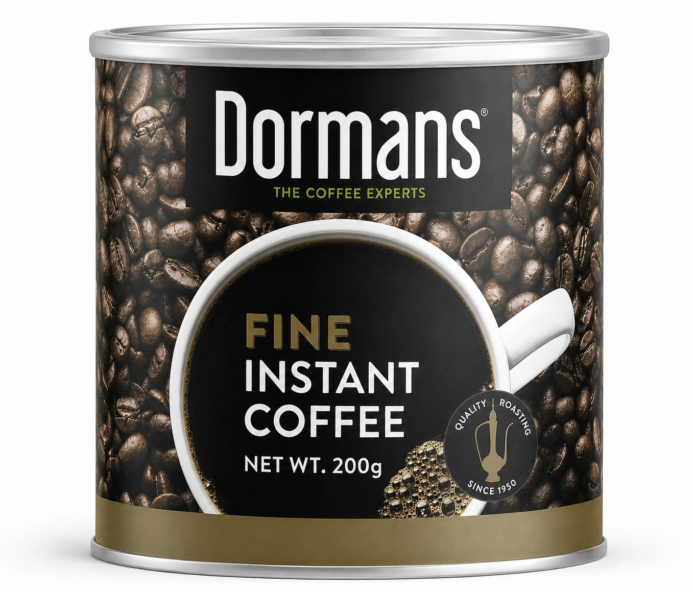 Dormans Fine Instant Coffee 200g in a cylindrical metal coffee tin, featuring Dormans The Coffee Experts branding, roasted coffee bean packaging, a white coffee cup design, Fine Instant Coffee label, 200g net weight, quality roasting badge, and gold lower band on a clean white background for World Safari Shops.