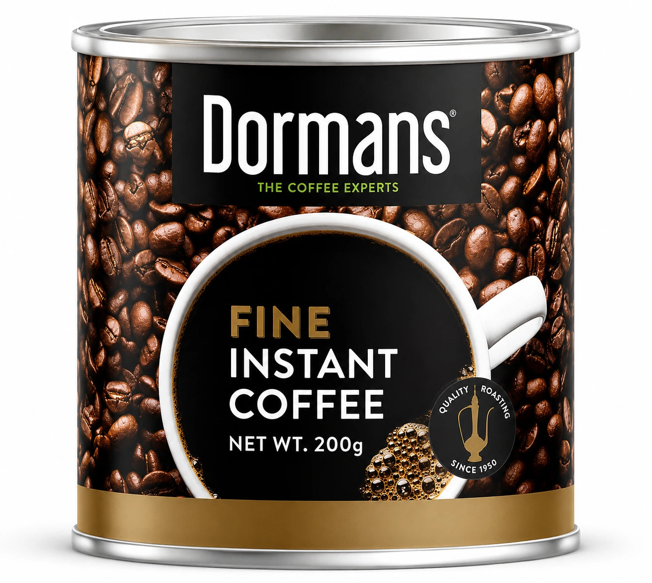 Dormans Fine Instant Coffee 200g in a cylindrical metal coffee tin with roasted coffee bean packaging, black and gold label, white coffee cup design, 200g net weight, and Dormans Coffee Experts branding on a clean white background.