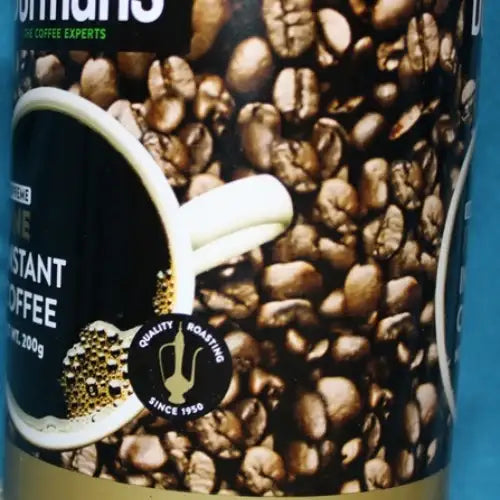 Dormans Fine Instant Coffee 200g premium instant coffee featuring roasted coffee beans, rich coffee aroma imagery, Dormans The Coffee Experts branding, Fine Instant Coffee label, and 200g net weight. 