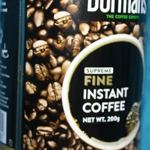 Dormans Fine Instant Coffee 200g Kenyan coffee product featuring premium instant coffee, roasted coffee bean imagery, Fine Instant Coffee branding, 200g net weight, and Dormans Coffee Experts quality branding.- World Safari Shops