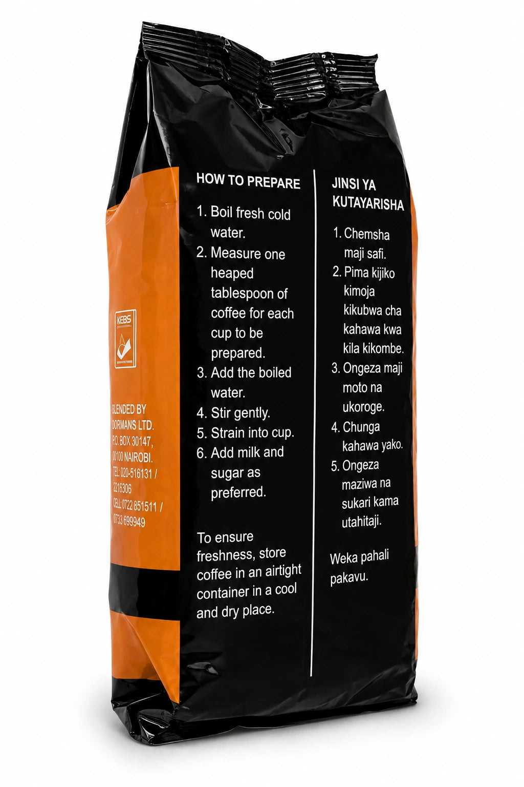 Dormans Kenya Kahawa Kenya Coffee 250g back packaging showing English and Swahili coffee preparation instructions, including directions for boiling fresh cold water, measuring coffee, adding boiled water, stirring, straining into a cup, and adding milk and sugar as preferred. The black and orange Kenyan coffee pouch also displays storage guidance recommending an airtight container in a cool, dry place, with Dormans packaging details and manufacturer information visible on the side panel, best coffee