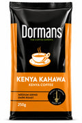 Dormans Kenya Kahawa Kenya Coffee 250g medium grind dark roast Kenyan coffee package featuring the black and orange Dormans Coffee Experts branding, Kenya Kahawa and Kenya Coffee product labeling, coffee cup graphic, quality roasting since 1950 emblem, glossy resealable coffee pouch packaging, and clearly visible 250g quantity, presented upright against a clean white background for Shopify product pages, Google Images, Google Shopping, and accessible e-commerce product discovery.