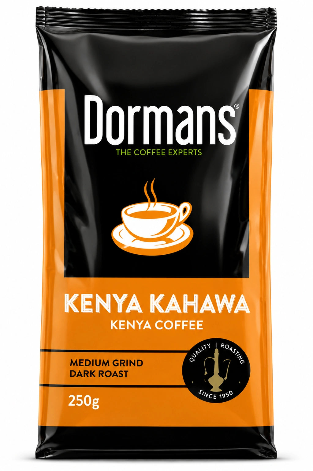 Dormans Kenya Kahawa Kenya Coffee 250g medium grind dark roast Kenyan coffee package featuring the black and orange Dormans Coffee Experts branding, Kenya Kahawa and Kenya Coffee product labeling, coffee cup graphic, quality roasting since 1950 emblem, glossy resealable coffee pouch packaging, and clearly visible 250g quantity, presented upright against a clean white background for Shopify product pages, Google Images, Google Shopping, and accessible e-commerce product discovery.
