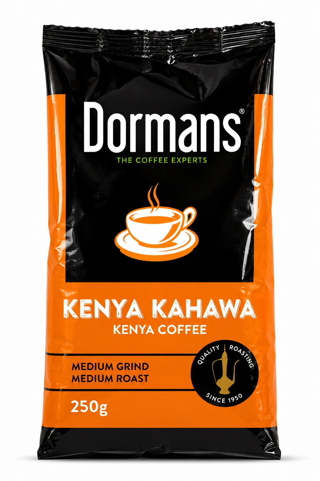 Dormans Kenya Kahawa Kenya Coffee 250g medium grind medium roast coffee pouch featuring the black and orange Dormans Coffee Experts packaging, bold Dormans branding, Kenya Kahawa and Kenya Coffee product labeling, steaming coffee cup graphic, Quality Roasting Since 1950 emblem, glossy sealed coffee pouch, clearly visible 250g quantity, and professionally presented upright on a clean white background for Shopify e-commerce product pages and Google Images.