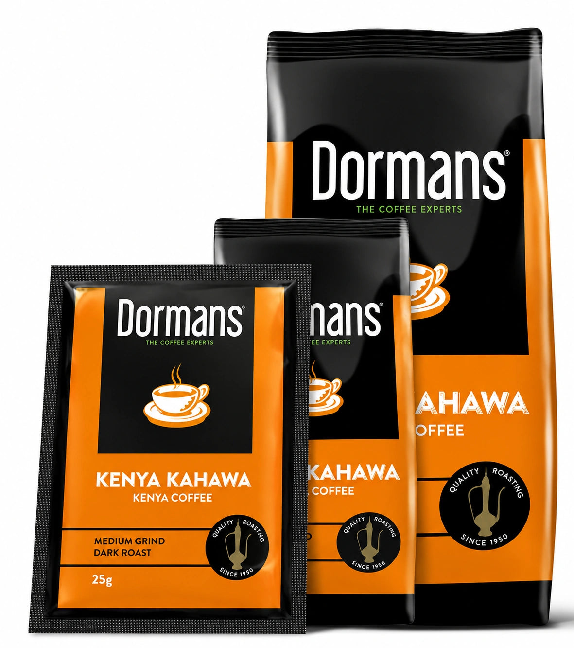Dormans Kenya Kahawa Kenya Coffee 25g medium grind dark roast coffee package, featuring the black and orange Dormans Coffee Experts packaging with Kenya Kahawa branding, coffee cup graphic, quality roasting emblem, and premium Kenyan coffee presentation. The product is shown clearly against a clean white studio background with realistic dimensional lighting, natural shadows, sharp packaging details, visible brand identity, product labeling, black and orange packaging design, and a best Shopify store.