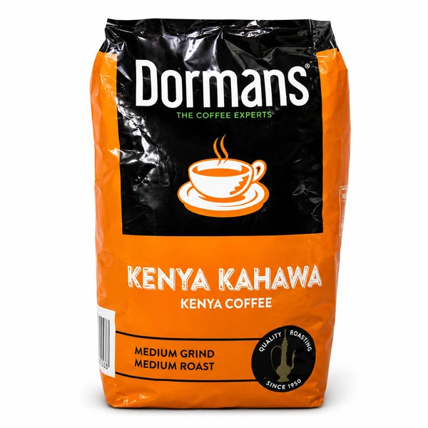 Dormans Kenya Kahawa Kenya Coffee with medium grind and medium roast, featuring the black and orange Dormans Coffee Experts packaging, Kenya Kahawa and Kenya Coffee branding, steaming coffee cup graphic, quality roasting since 1950 emblem, barcode and glossy coffee pouch packaging, professionally presented against a clean white background for Shopify product pages and Google Images. 