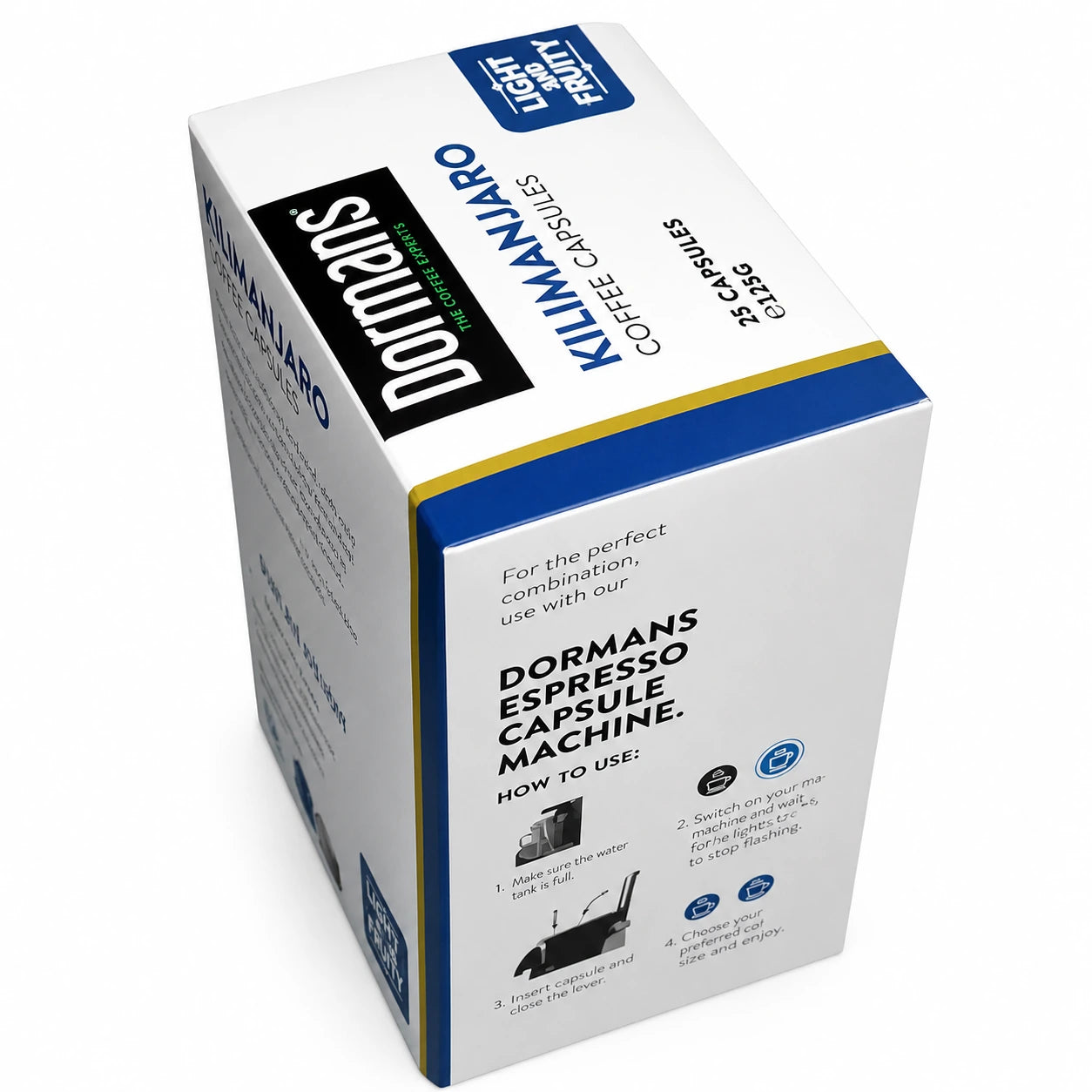 Dormans Kilimanjaro Coffee Capsules 25 capsules 125g, Light and Fruity single-serve coffee capsules in original white, blue and black packaging, featuring Dormans Coffee Experts branding, blue coffee capsule imagery, coffee beans and cup, presented as a premium product image for Shopify coffee capsule listings and Google Images. 
