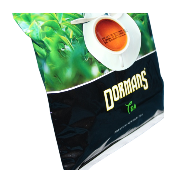 Dormans tea package front and side angle close-up