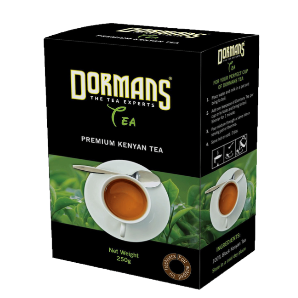 Front angle view of Dormans Premium Kenyan Tea 250g box showing tea cup image and brand logo