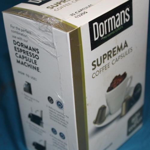 Product details panel featuring Dormans Suprema Coffee Capsules for consistent espresso brewing