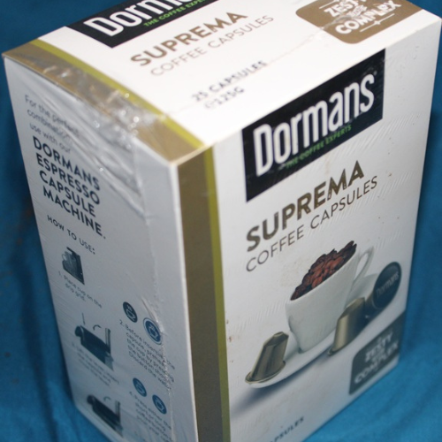 Product information panel for Dormans Suprema Coffee Capsules 25 count pack