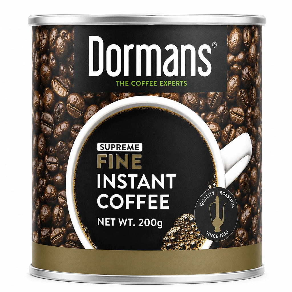 Dormans Supreme Fine Instant Coffee 200g in a cylindrical coffee tin, featuring the Dormans Coffee Experts logo, roasted coffee bean packaging design, Supreme Fine Instant Coffee label, 200g net weight, and quality roasting badge, presented clearly against a clean white background for World Safari Shops.