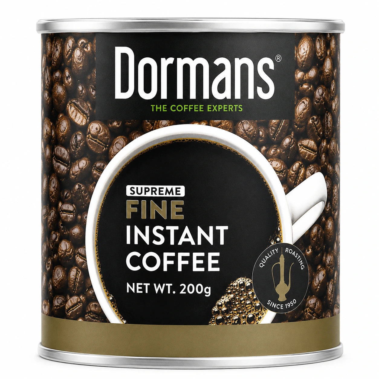 Dormans Supreme Fine Instant Coffee 200g in a cylindrical coffee tin, featuring the Dormans Coffee Experts logo, roasted coffee bean packaging design, Supreme Fine Instant Coffee label, 200g net weight, and quality roasting badge, presented clearly against a clean white background for World Safari Shops.