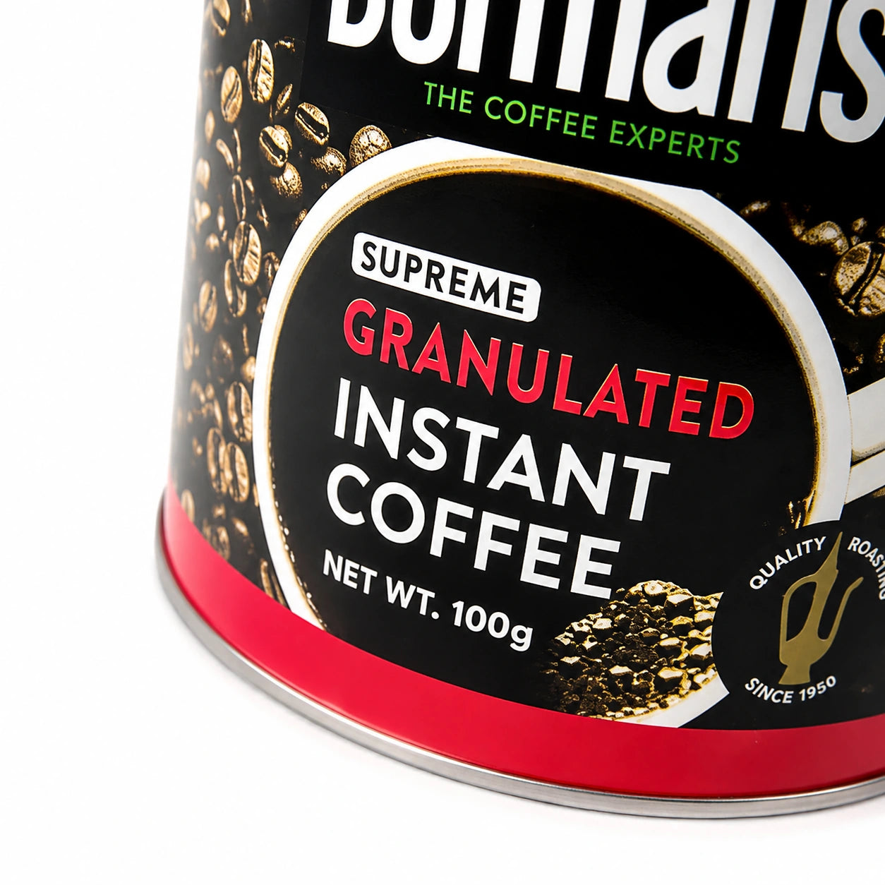 Dormans Supreme Granulated Instant Coffee 100g in a black coffee tin with red lower band, roasted coffee bean imagery, Dormans Coffee Experts branding, Supreme Granulated Instant Coffee label, 100g net weight, coffee granules, and Quality Roasting Since 1950 emblem, shown at the original close-up camera angle on a clean white background.