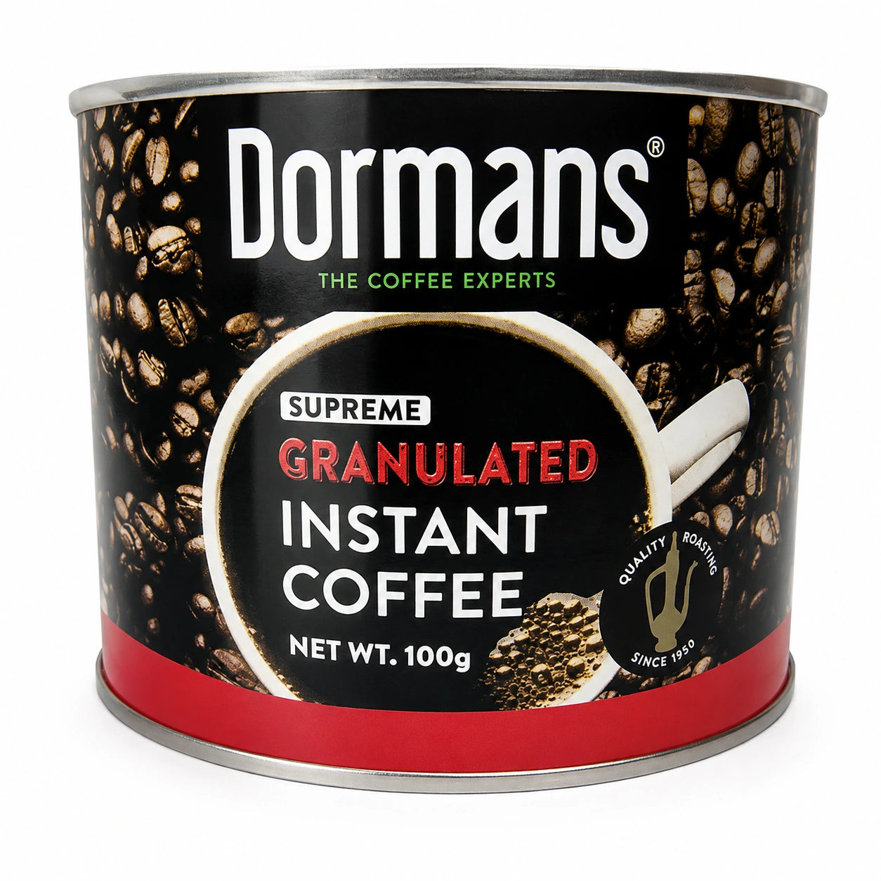 Dormans Supreme Granulated Instant Coffee 100g in a cylindrical black and red coffee tin, featuring Dormans The Coffee Experts branding, roasted coffee bean imagery, Supreme Granulated Instant Coffee labeling, Net Wt. 100g, coffee granule imagery, silver metal rim, red lower band, and Quality Roasting Since 1950 emblem, shown from the original front-facing camera angle on a clean white background.