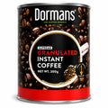Dormans Supreme Granulated Instant Coffee 200g can featuring black coffee bean packaging, Dormans The Coffee Experts branding, central coffee cup design, Supreme Granulated Instant Coffee wording, Net Wt. 200g, Quality Roasted Since 1950 badge, red lower band, silver metal rims, and realistic studio lighting on a clean white background for Shopify product photography and Google Images.