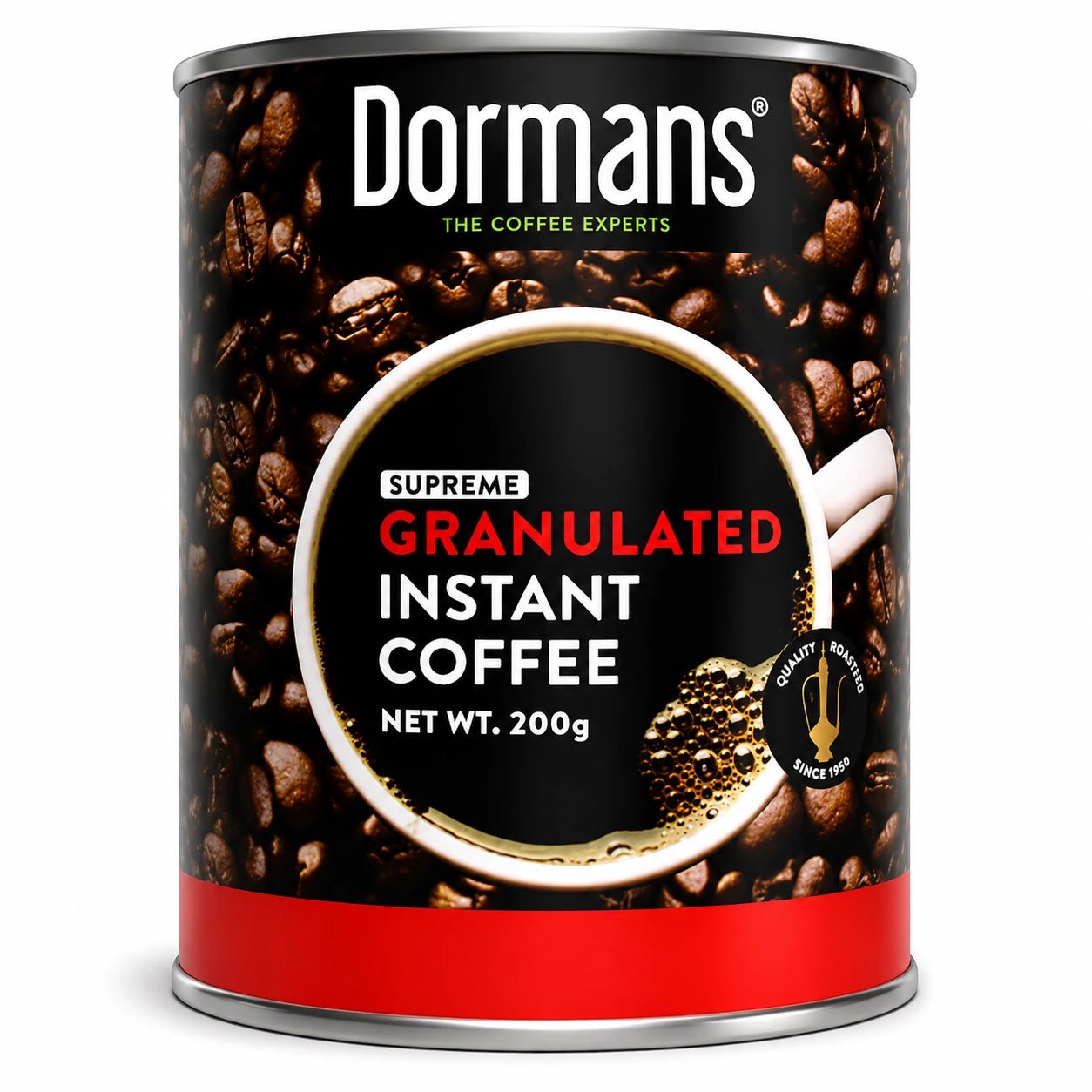 Dormans Supreme Granulated Instant Coffee 200g can featuring black coffee bean packaging, Dormans The Coffee Experts branding, central coffee cup design, Supreme Granulated Instant Coffee wording, Net Wt. 200g, Quality Roasted Since 1950 badge, red lower band, silver metal rims, and realistic studio lighting on a clean white background for Shopify product photography and Google Images.