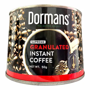 Dormans Supreme Granulated Instant Coffee 50g in a coffee can, featuring granulated instant coffee, Kenyan coffee, Kenyan instant coffee, premium instant coffee, coffee granules, and convenient 50g packaging for home, office, travel, and everyday coffee preparation.