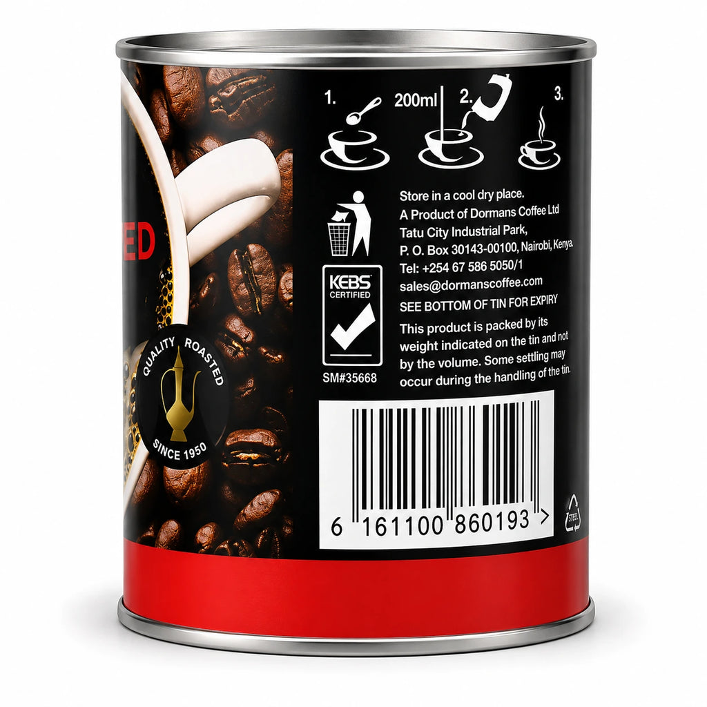 Dormans Supreme Granulated Instant Coffee tin showing the rear product information panel with black coffee bean packaging, coffee preparation instructions, 200ml serving information, storage instructions, Dormans Coffee Ltd details, Nairobi Kenya contact information, KEBS certification mark, barcode, recycling symbol, red lower band, and metallic silver tin rims against a clean white studio background for Shopify product photography and Google Images.
