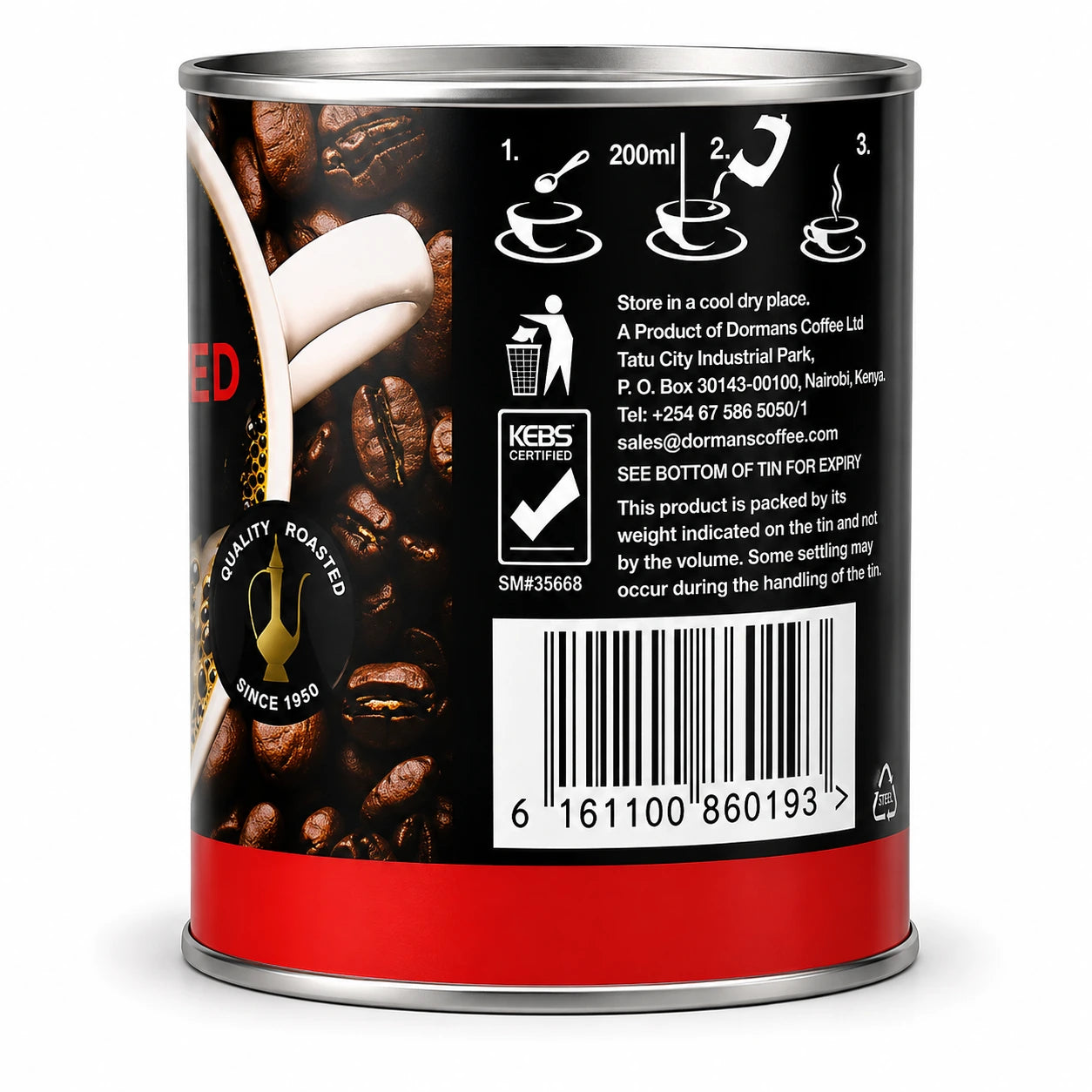 Dormans Supreme Granulated Instant Coffee tin showing the rear product information panel with black coffee bean packaging, 200ml preparation instruction, coffee brewing symbols, storage guidance, Dormans Coffee Ltd product information, Nairobi Kenya contact details, KEBS certification mark, barcode, steel recycling symbol, red lower band, metallic silver rims, and Quality Roasted Since 1950 branding against a clean white studio background for Shopify product photography and Google Images. 