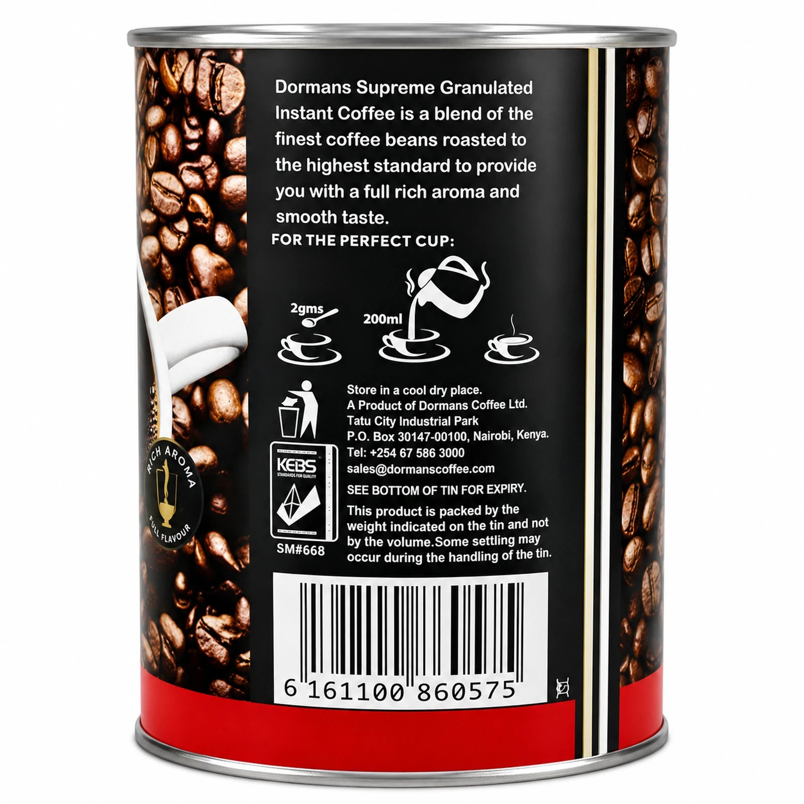 Dormans Granulated Instant Coffee 200g canister featuring Dormans The Coffee Experts branding, roasted coffee bean imagery, black coffee packaging, central coffee cup design labeled Granulated Instant Coffee and Net Wt. 200g, Rich Aroma Full Flavour badge, silver metal rims, and a plain red lower band, displayed upright against a clean white background for Shopify product photography and Google Images.
