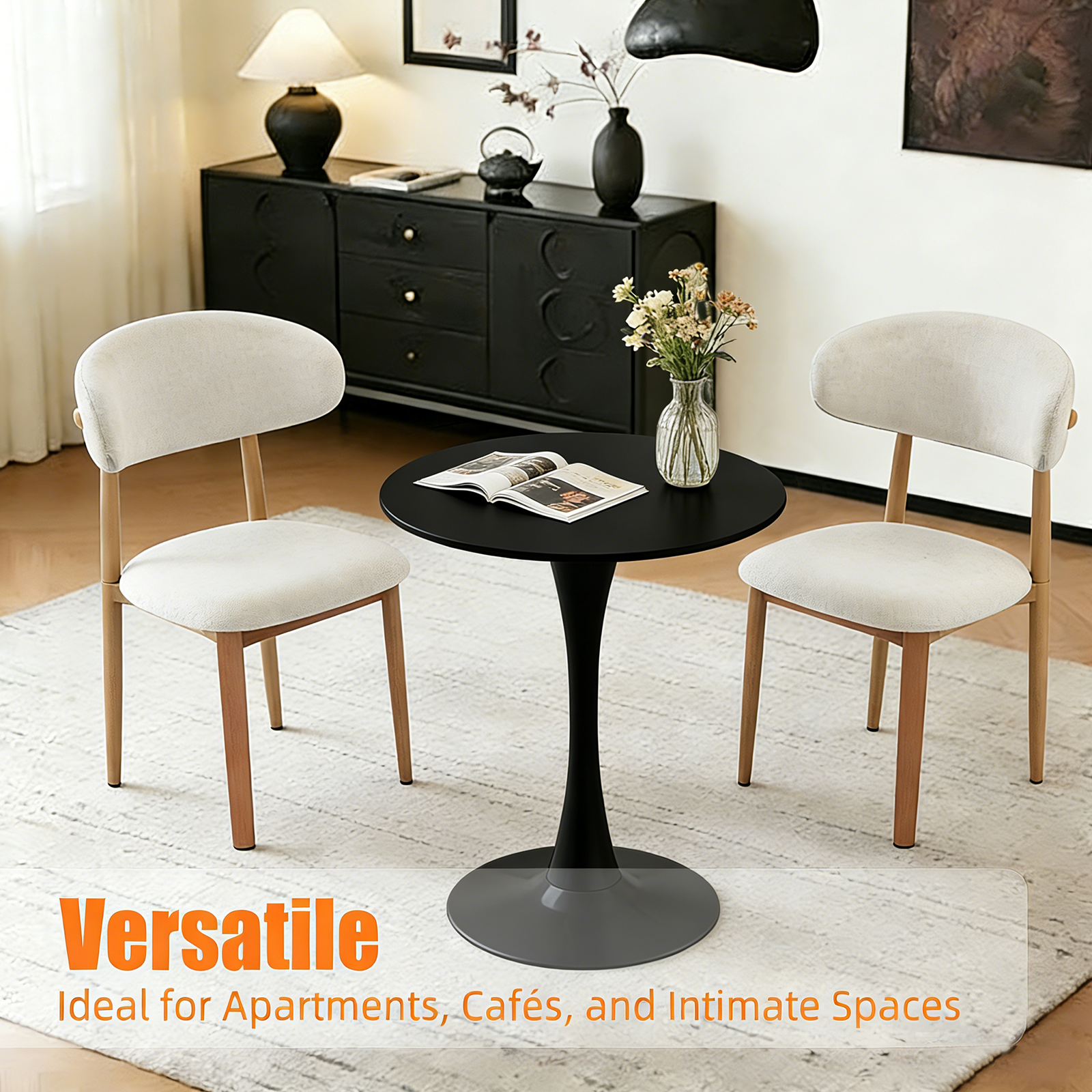Black Round Dining Table with MDF Top and Matte Iron Base
