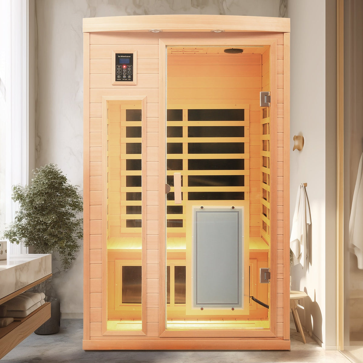 Low EMF Hemlock Wood Far-Infrared Two-Person Sauna Room with Bluetooth – Natural Finish