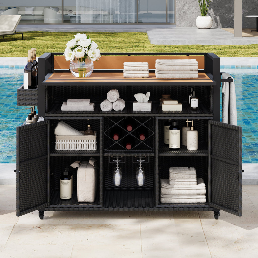 Wicker Outdoor Grill Cart with Extended Table Top and Storage Cabinet - Black Brown or Grey