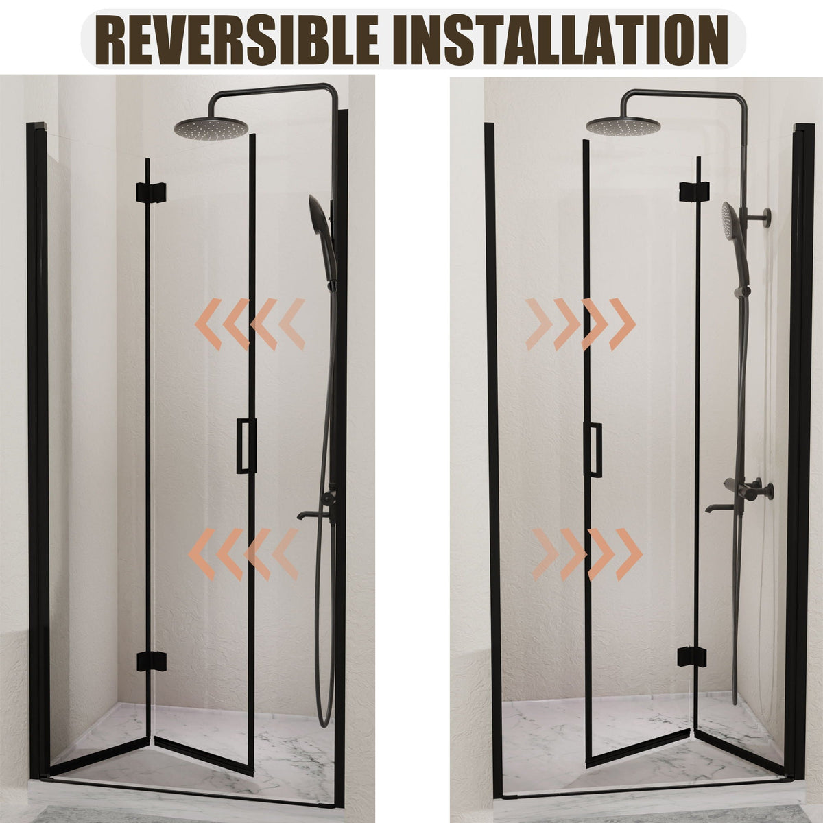 Semi Frameless Bifold Pivot Shower Door, Reversible Installation