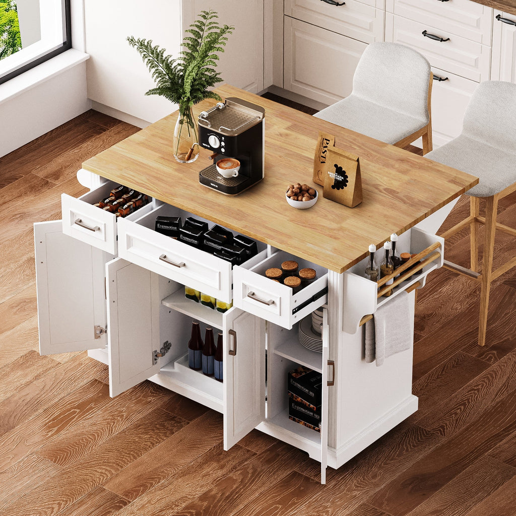 54-Inch Large Kitchen Island with Drop Leaf and Storage - White